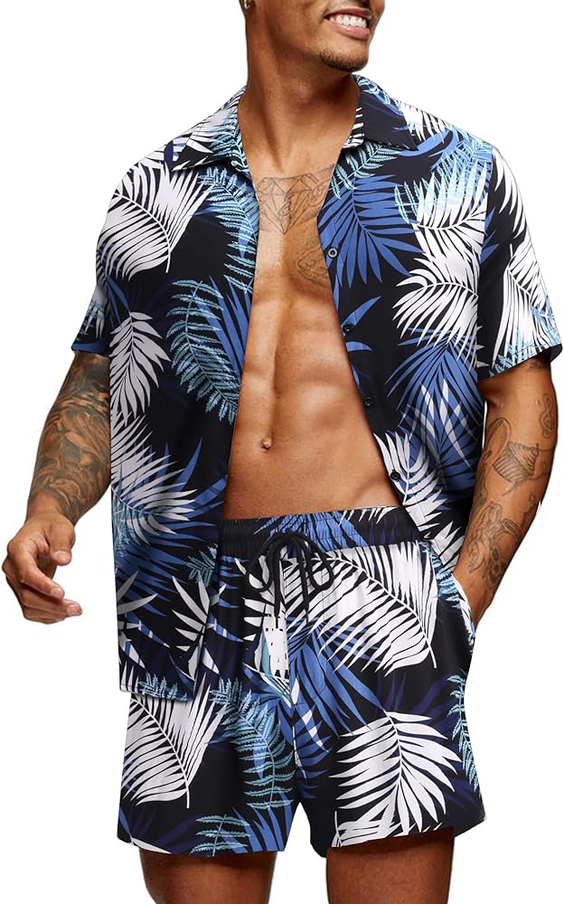 COOFANDY Men's 2 Piece Flower Short Sets Hawaiin Beach Button up Tropical Shirt and Shirts