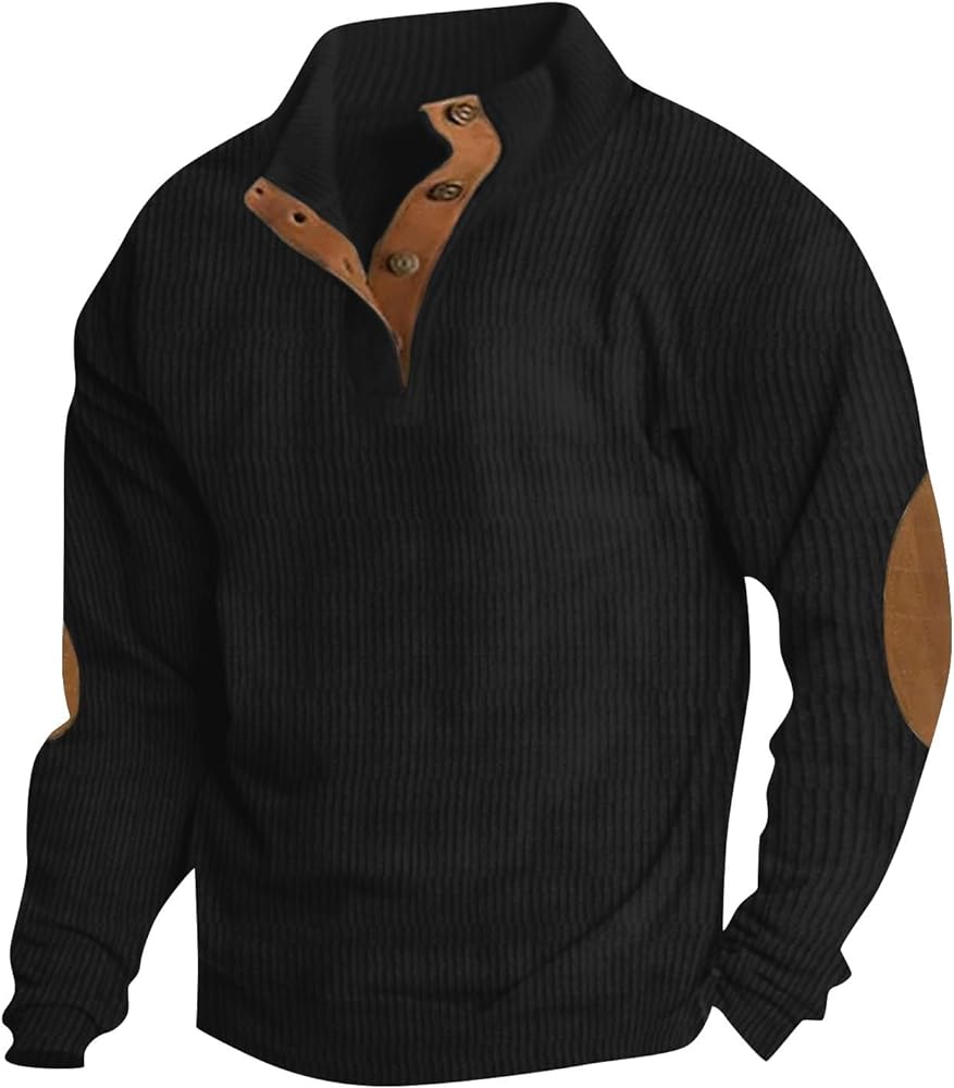 Men's Casual Stand Collar Long Sleeve Corduroy Henley Polo Shirt Button Down Waffle Pullover Tops