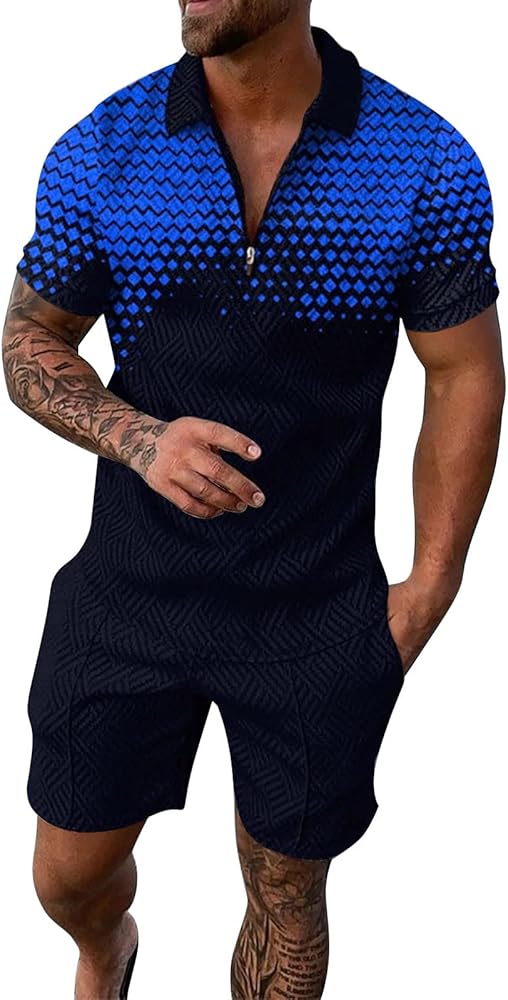 Men's Casual T Shirts Short Sleeve Fashion Zipper Stiped Printed Shirt Stylish Lightweight Breathable Tops for Men