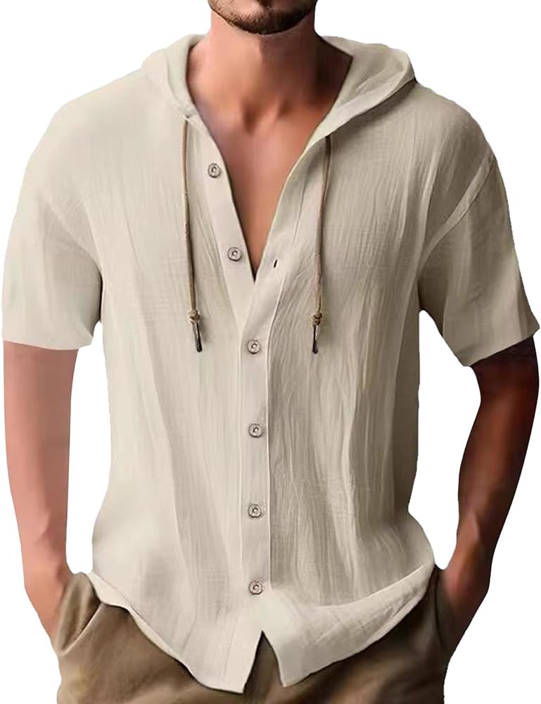 Mens Button Down Hoodies Cotton Linen Summer Beach T Shirts with Drawstring Hood Casual Solid Color Muscle Slim Cardigan Tops