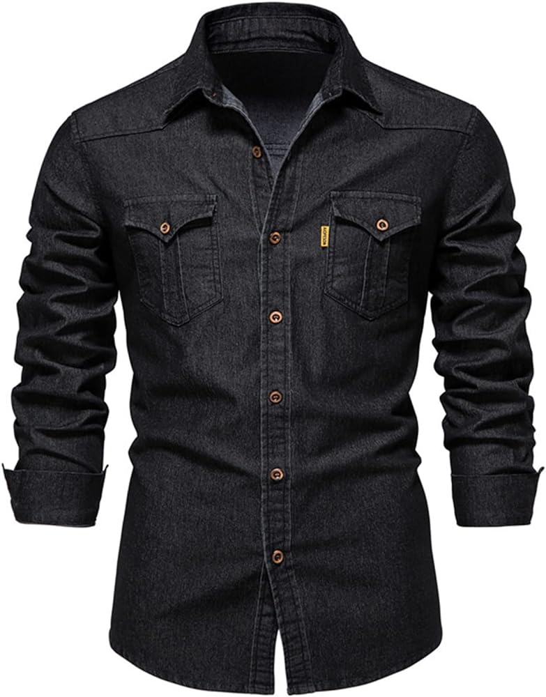 Mens Button Down Denim Shirt Long Sleeve Lapel Jean Shirt Casual Slim Fit Washed Denim Shirts with Chest Pockets