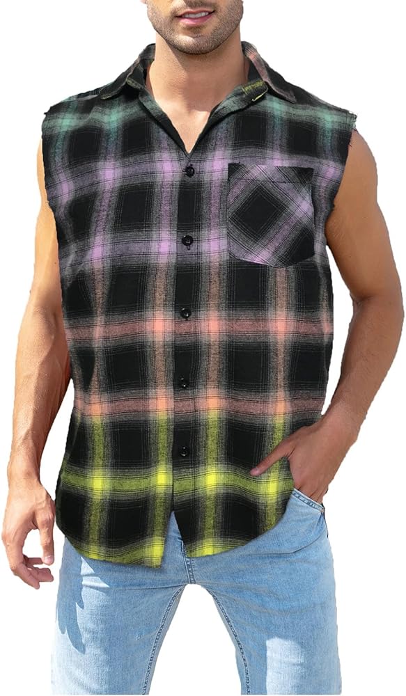 Sleeveless Flannel Shirt Men Casual Plaid Button Down Shirts Vest