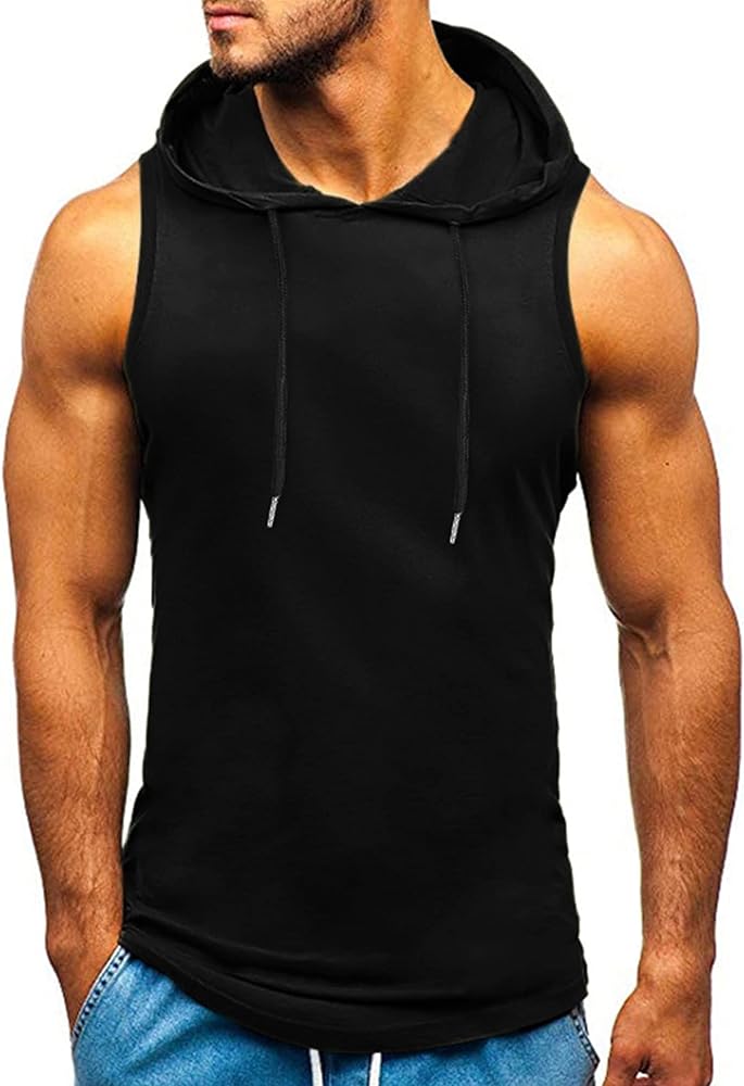 Amussiar Men's Workout Hooded Tank Tops Sleeveless Gym Hoodies Bodybuilding Muscle Shirts