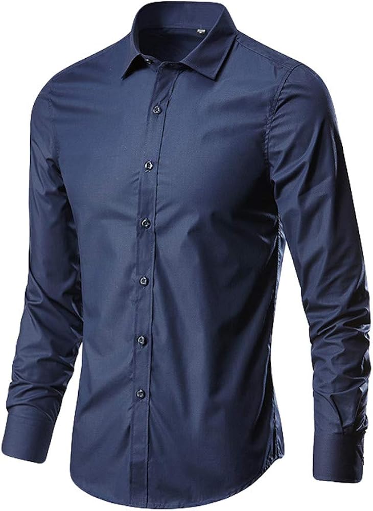 Mens Dress Shirts Long Sleeve Button Down Solid Tee Shirts Formal Lapel Performance Lightweight Stretch Tops