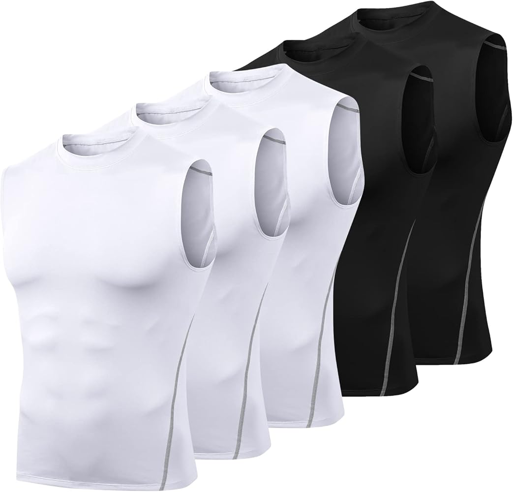 Odoland 5 Pack Men's Compression Sleeveless Shirts, Dry Fit Athletic Base Layer Tank Top, Sports Running Gym Workout Shirts