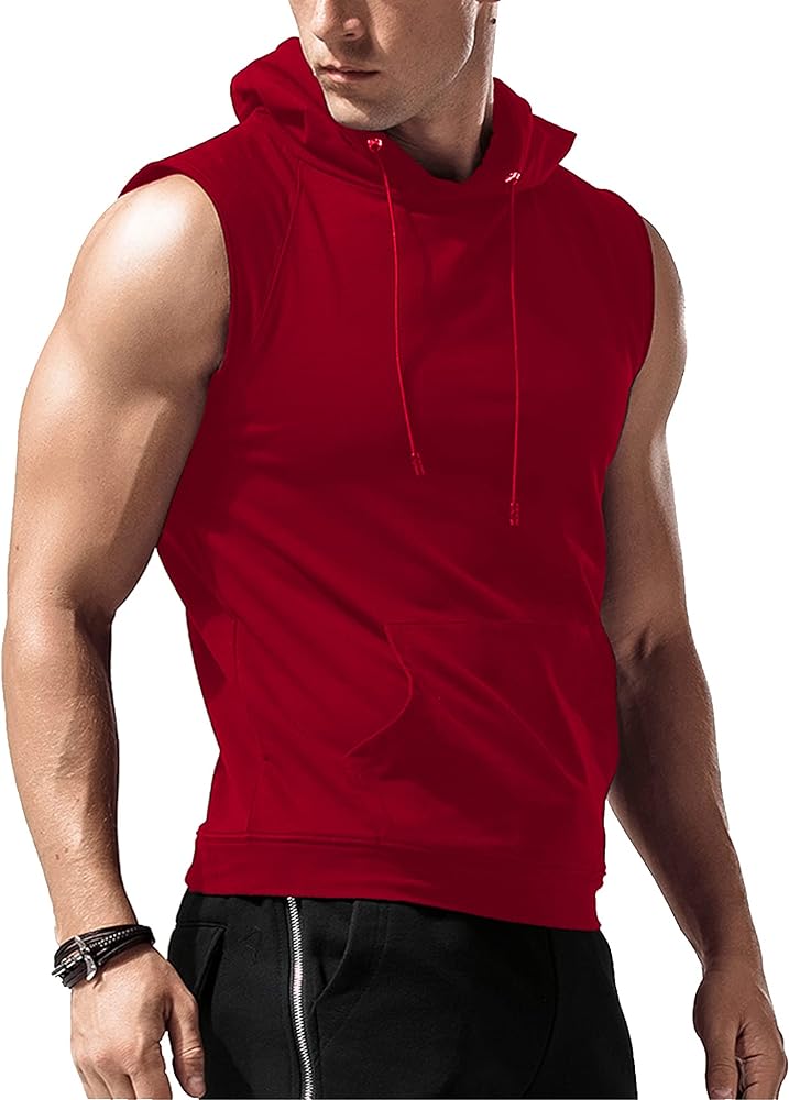 Sleeveless Hoodie Men Workout Hooded Tank Top Gym Muscle Shirts with Pocket