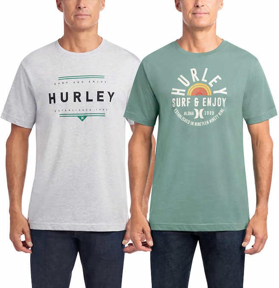 Hurley Men's 2 Pack Classic Graphic Tees (as1, Alpha, x_l, Regular, Regular, Green/Heather Grey, X-Large)