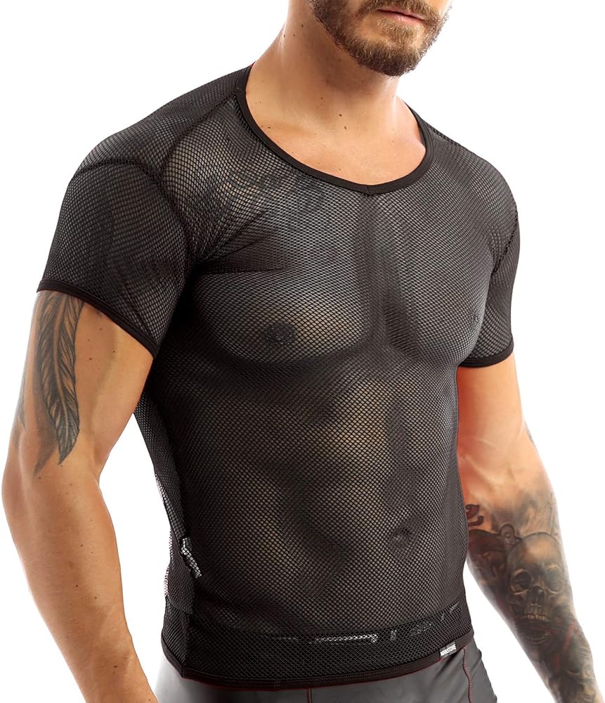 Nikiikoo Men's See Through Fishnet Mesh Short Sleeve T-Shirts Gym Training Workout Tank Tops Clubwear