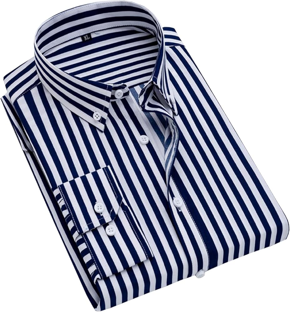 Men's Long Sleeve Dress Shirts Casual Business Vertical Striped Button Down Slim Fit Shirts