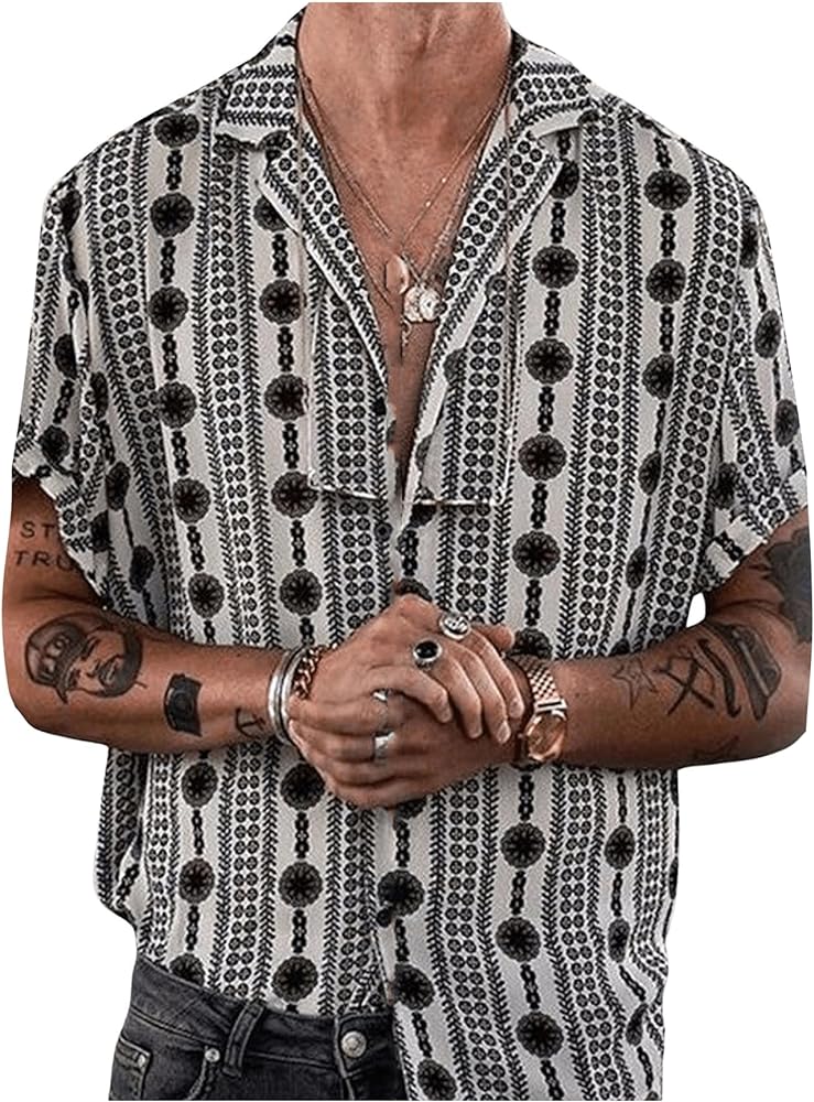 SOLY HUX Men's Shirts Geometric Print Short Sleeve Button Down Summer Shirt