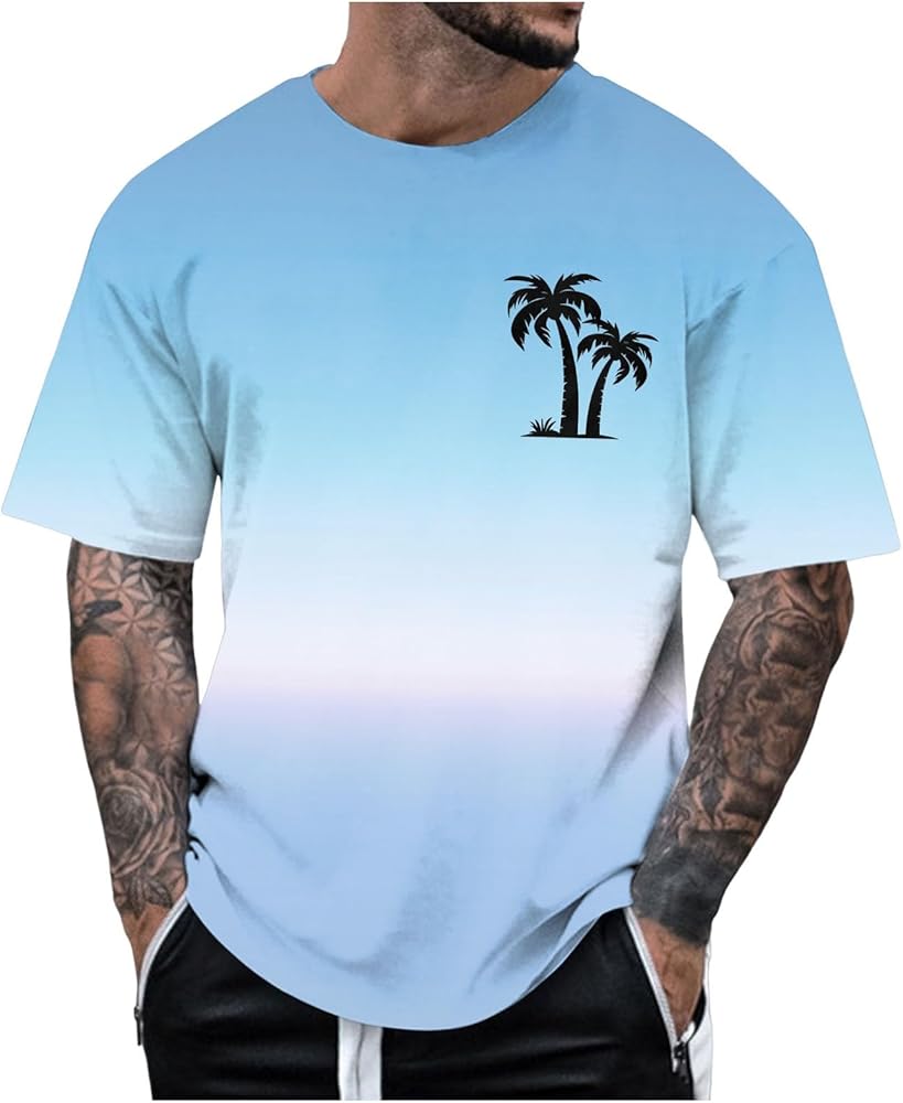 Mens Casual T Shirt Short Sleeve Crew Neck Tee Tops Summer Classic Fit Blouse Tropical Print Shirts