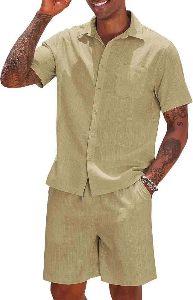 COOFANDY Men 2 Piece Linen Set Casual Short Sleeve Shirt and Short Beach Set