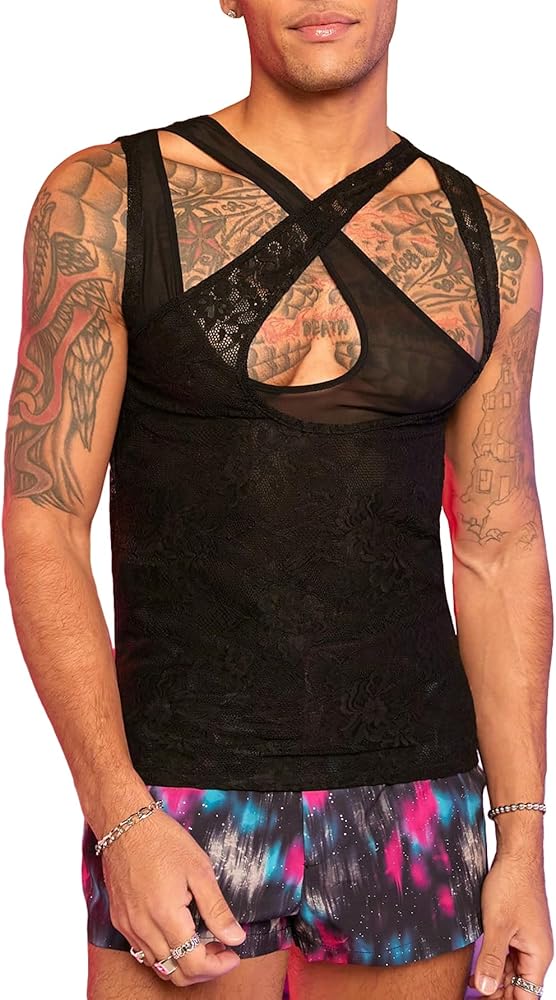 WDIRARA Men's Cut Out Contrast Mesh Floral Lace Slim Fit T-shirts Criss Cross Sleeveless Tee Tops Cocktail Party Tops