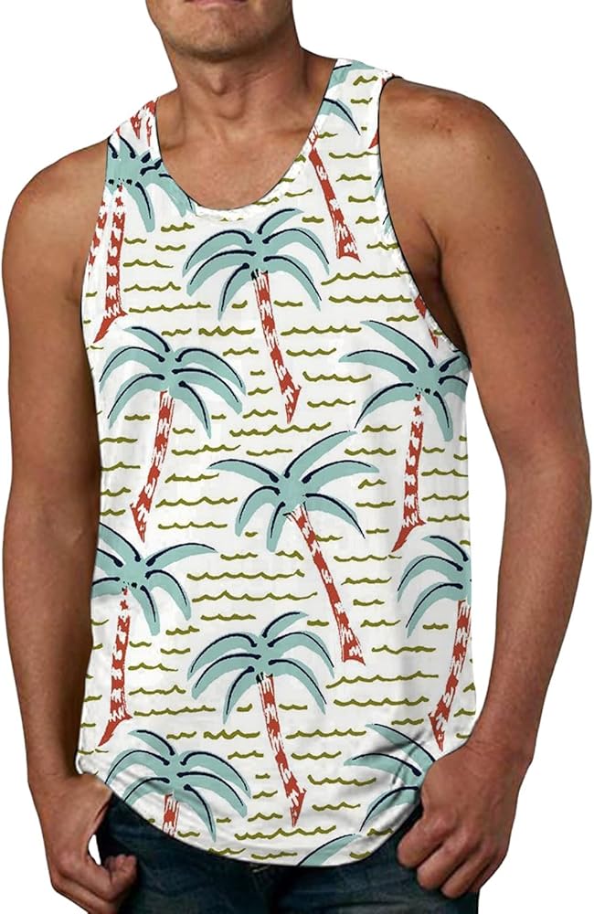 Men's Hawaiian Tank Tops Tropical Funky Floral Beach Tops Sleeveless Basic T-Shirt Breathable Aloha Tee Summer