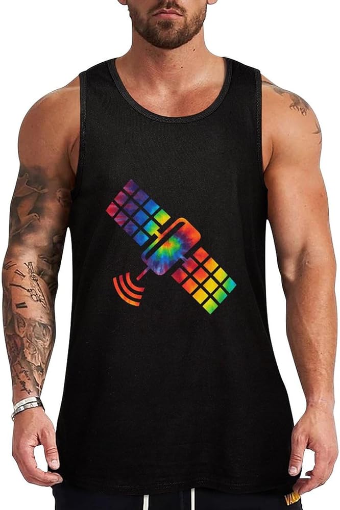 Tie Dye Space Satellite Breathable Men's Tank Top Soft Muscle Vest T-Shirts Quick Dry Sleeveless Fitness Tee