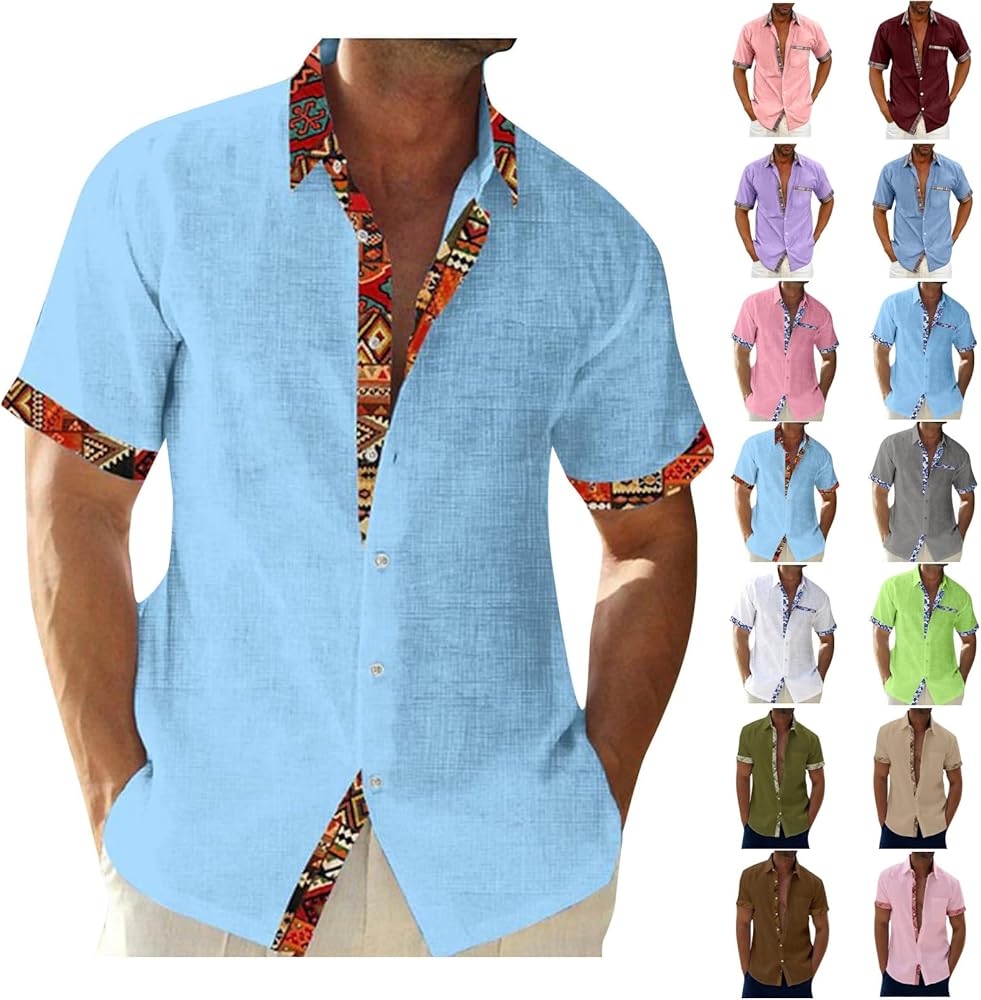 Hawaiian Floral Print Patchwork Lapel Shirts Button down Casual Summer Aloha Shirt Beach Party