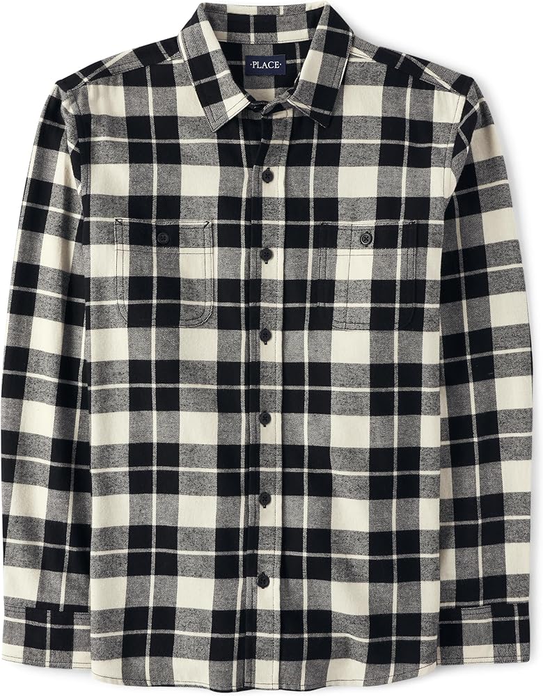 The Children's Place mens Long Sleeve Flannel Button Up Shirt Buffalo Plaid