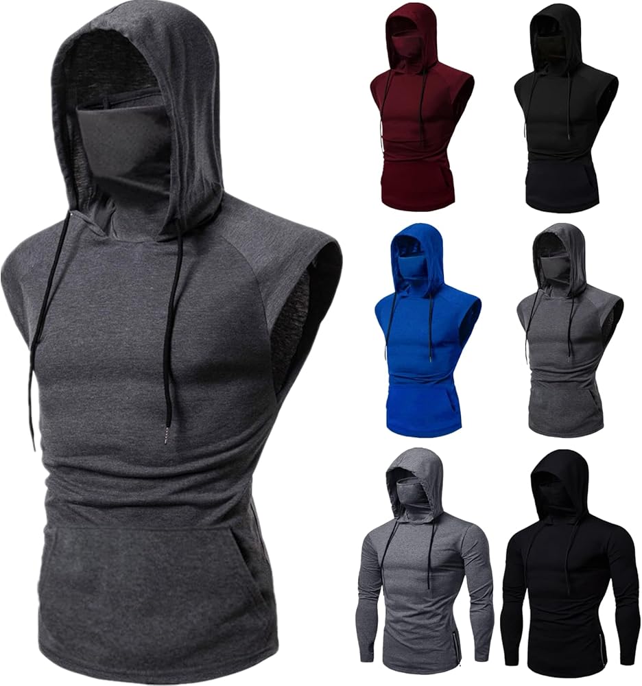 Mens Mask Sports Sleeveless/Long Sleeve Tshirt Hooded Slim Fit Muscle Vest Open-Forked Male Tank Easter Cosplay Blouse