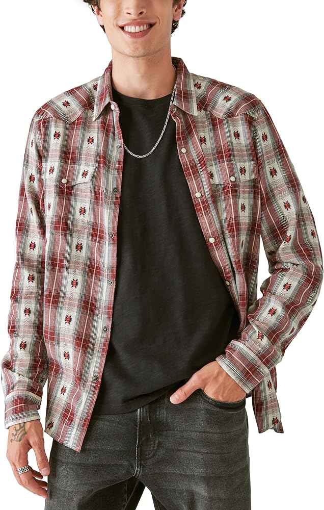 Lucky Brand Mens Plaid Dobby Western Long Sleeve Shirt