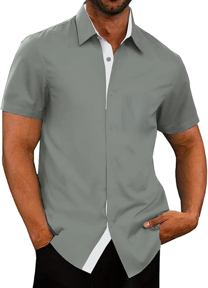 Men's Button Down Short Sleeve Dress Shirts Wrinkle Free Business Shirt Summer Casual Top Grey M