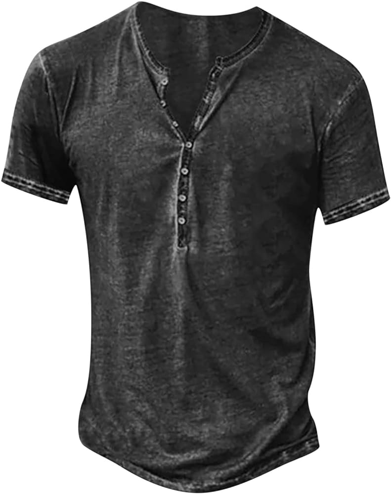 Mens V Neck Button Up Shirts Short Sleeve Casual Tee Shirt Loose Fit Fashion Comfy Tshirt