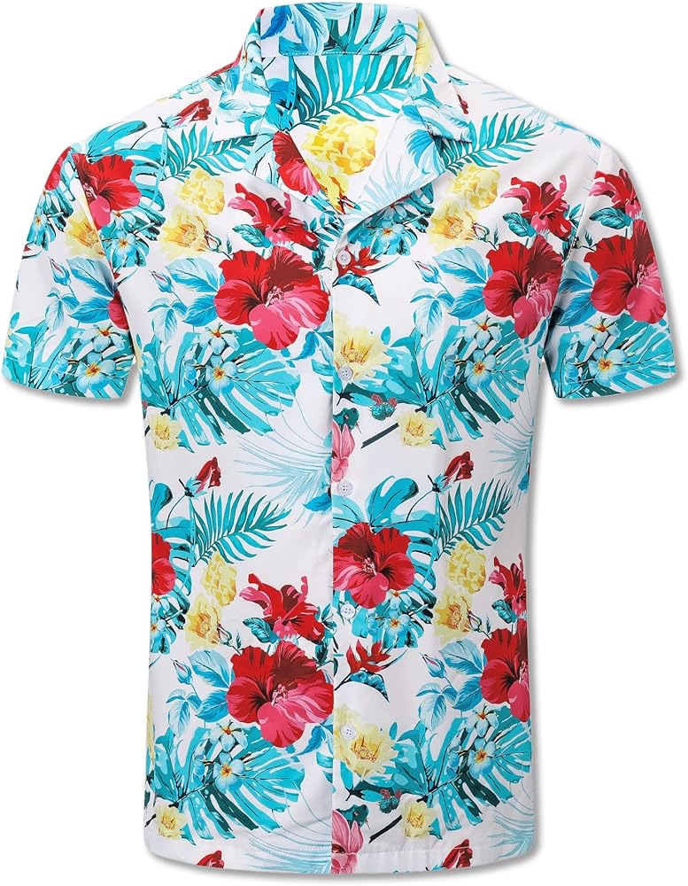 Hawaiian Party Shirt for Men, Short Sleeve Beach Printed Summer Button Down Casual Aloha Shirts, 328 White Flowers & Plants, X-Large