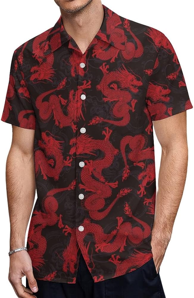 Retro Dragon Shirt for Men Hawaiian Shirt Casual Short Sleeve Button Up Shirts Fashion Work Mens Clothing