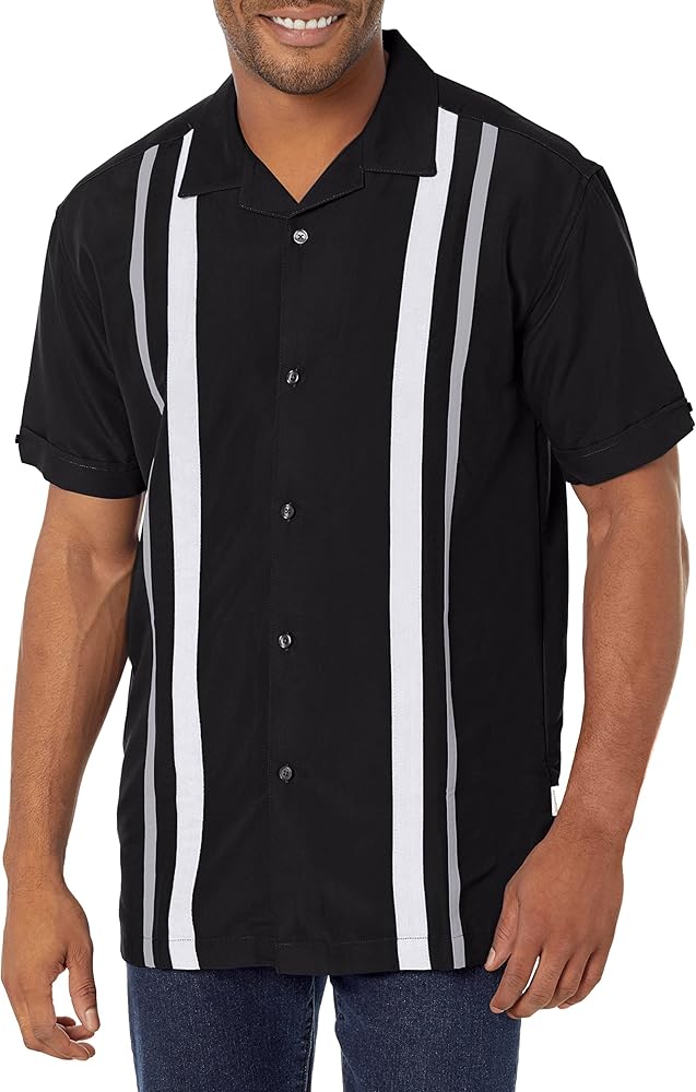 Cubavera Men's Tri-Color Camp Collar Retro Panel Short Sleeve Button-Down Shirt