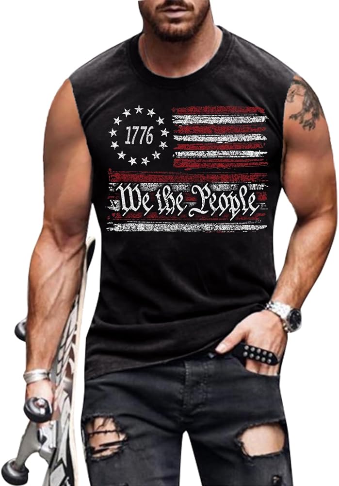 4th of July Shirts Mens Muscle Tank Top 1776 Sleeveless Graphic Gym Workout USA Flag Shirt