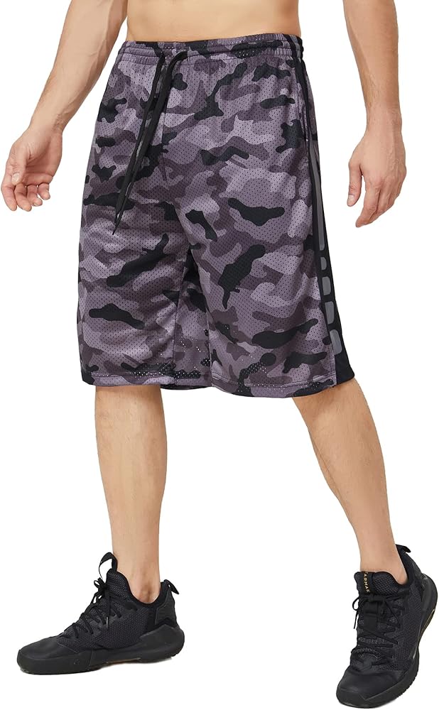 Men's Quick-Dry Athletic Shorts with Mesh, Pockets, 9"-13" Inseam Over-Knee Length, Drawstring Waist