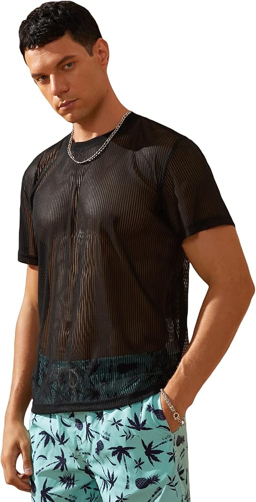 WDIRARA Men's Striped Mesh Sheer Short Sleeve Solid T Shirt Round Neck Tee Top Black L