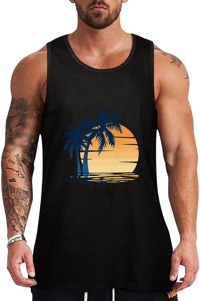 Palm Trees Sun Set Breathable Men's Tank Top Soft Muscle Vest T-Shirts Quick Dry Sleeveless Fitness Tee