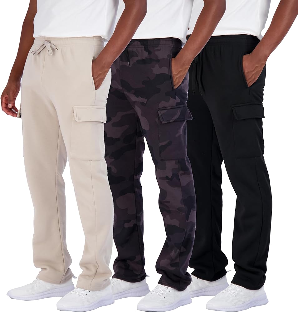 Real Essentials 3 Pack: Men's Tech Fleece Open Bottom Cargo Sweatpants with Pockets (Available in Big & Tall)