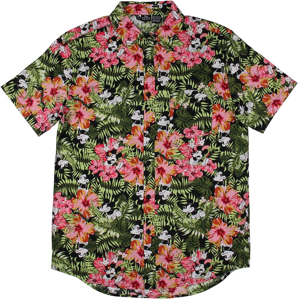 Disney Men's Mickey Mouse Floral Jungle Hawaiian Print Adult Button Down Shirt