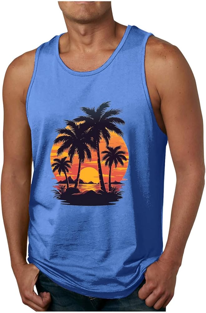 Beach Tank Tops for Men Casual Sleeveless Tee Shirts Hawaiian Tropical Palm Tree Printed Tanks Summer Vacation Blouses