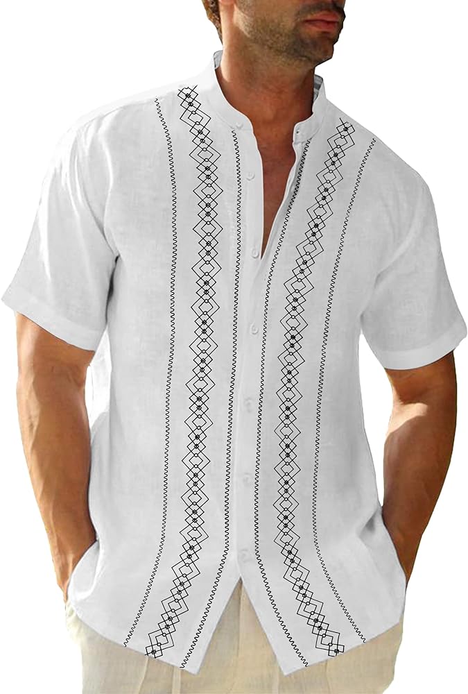 Cuban Guayabera Shirts for Men Short/Long Sleeve Casual Button Down Shirt Band Collar Beach Camp Mexican Shirt