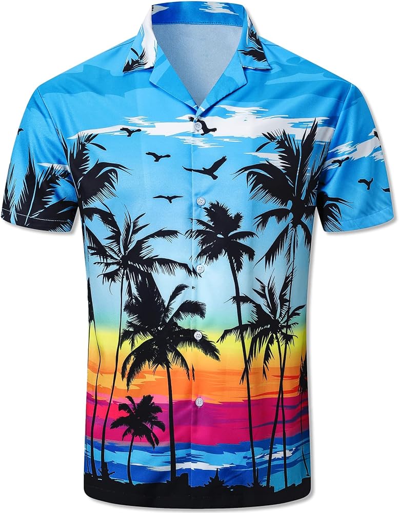 QZH.DUAO Hawaiian Party Shirt for Men, Short Sleeve Beach Printed Summer Button Down Casual Aloha Shirts, 321 Blue Sunset Coconut, X-Large