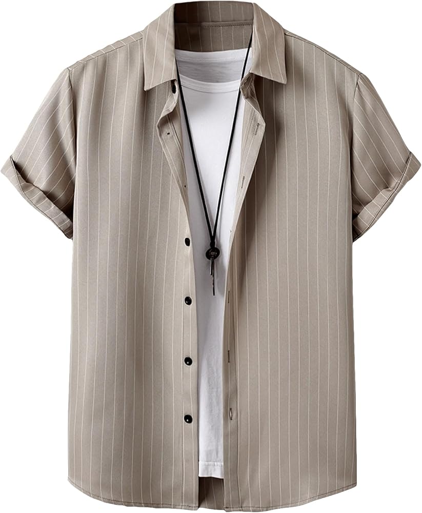 SOLY HUX Men's Short Sleeve Button Down Shirts Casual Dress Going Out Camp Tops Khaki Striped S