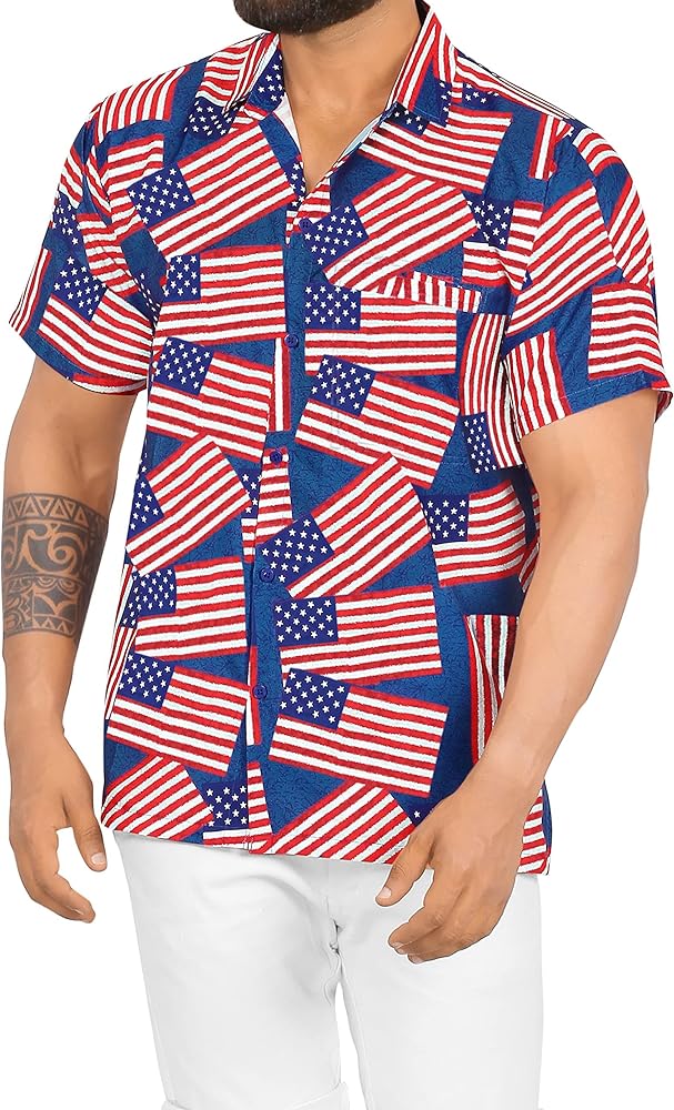 LA LEELA Men's 4th of July Patriotic US American Flag Shirt Short Sleeve Button Down Holiday Hawaiian Shirts for Men