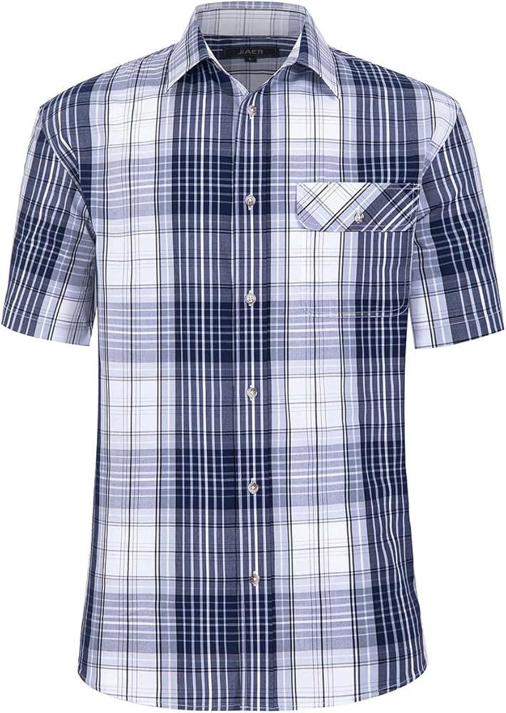 Men's Casual Stylish Short Sleeve Button-Up Plaid Shirts Cotton Shirt