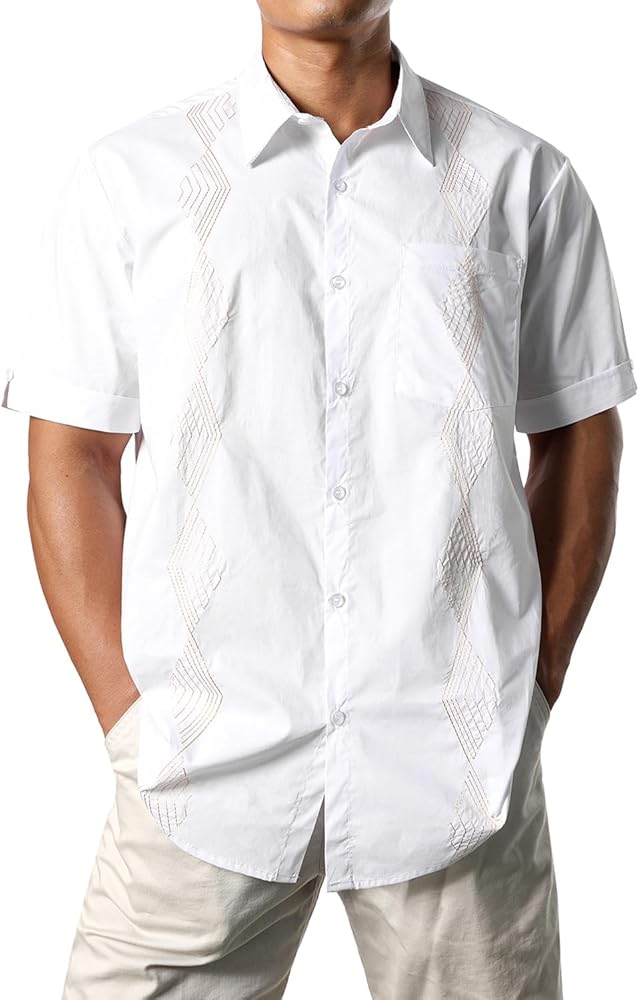 JOGAL Mens Cuban Guayabera Shirts Short Sleeve Button Down Casual Summer Beach Shirt