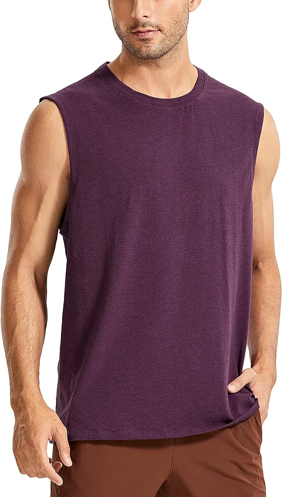 CRZ YOGA Men's Lightweight Pima Cotton Tank Tops Crew Neck Moisture Wicking Sleeveless Shirts Workout Muscle Undershirts