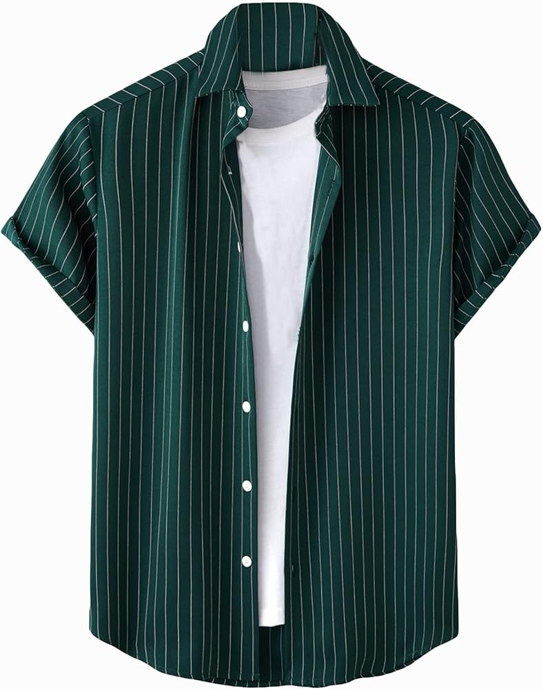 SOLY HUX Men's Short Sleeve Button Down Shirts Casual Dress Going Out Camp Tops Dark Green Striped M