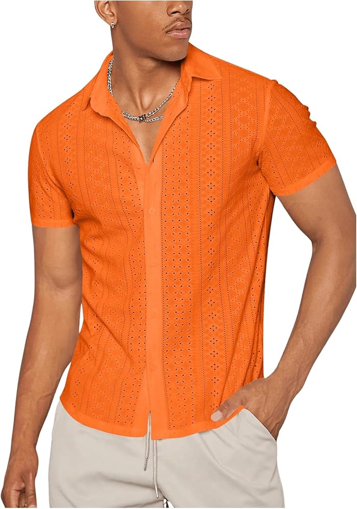 WDIRARA Men's Hollow Out Button Down Shirts Summer Collared Neck Short Sleeve Shirts