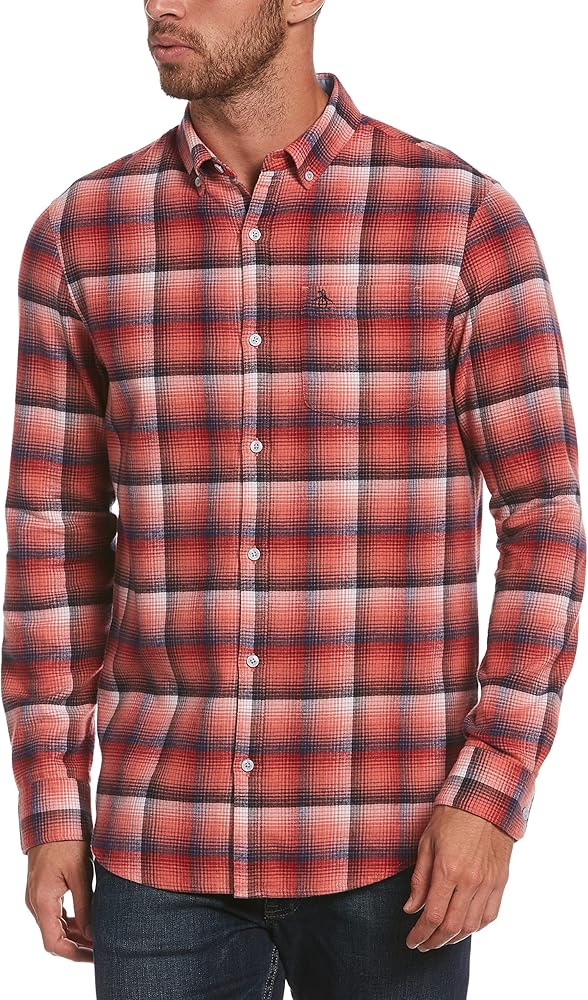 Original Penguin Men's Plaid Herringbone Long Sleeve Button-Down Shirt