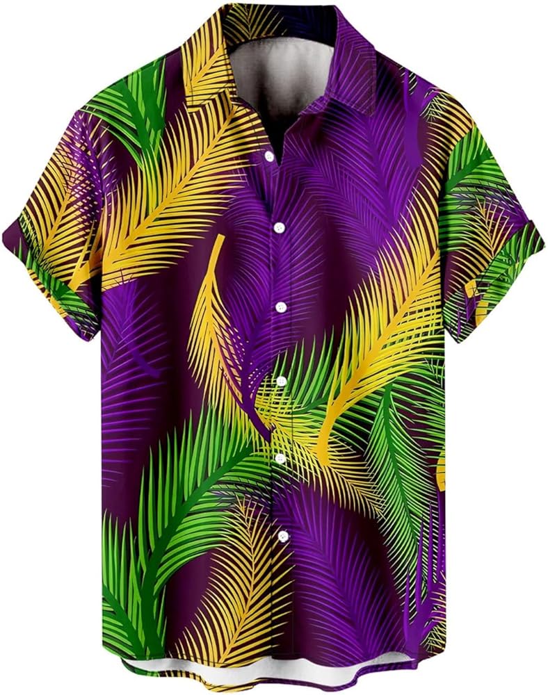 Mardi Gras Outfit for Men 2024 Short Sleeve Button Down Hawaiian Shirts Mardi Gras Shirt for Men Bowling Shirt Polo Shirt