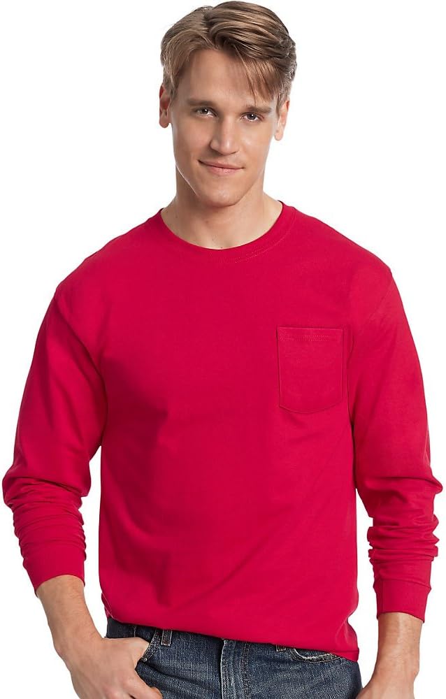 Hanes by Men's Tagless Long-Sleeve T-Shirt With Pocket_Deep Red_L