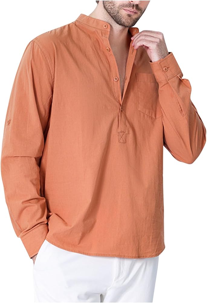 Men's Casual Cotton Comfy Henley Shirts Long Sleeve Buttons Solid Color T-shirts Dressy Summer Loose Tops