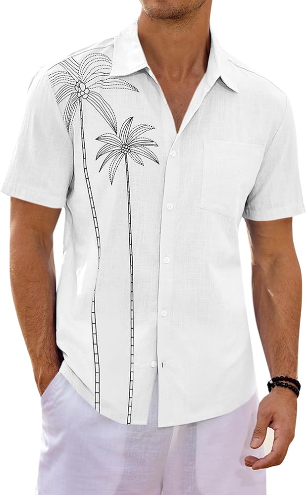 Runcati Mens Hawaiian Shirt Short Sleeve Button Down Summer Beach Vacation Cotton Linen Shirts