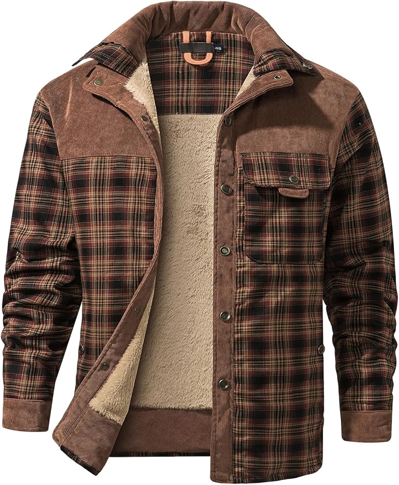 Men Outdoor Jacket Casual Fleece Sherpa Lined Flannel Plaid Button Down Shirt